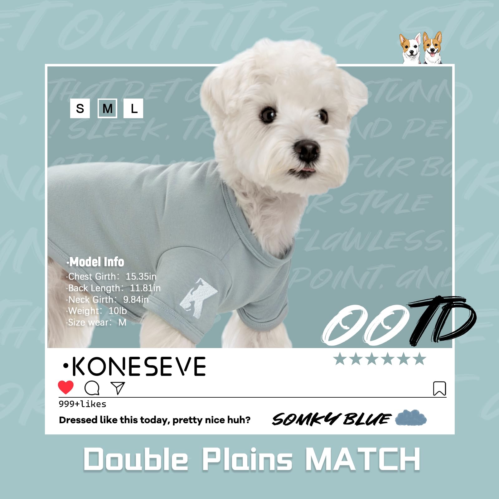 Camiseta Koneseve para perro azul ahumado, vista frontal, tacto suave