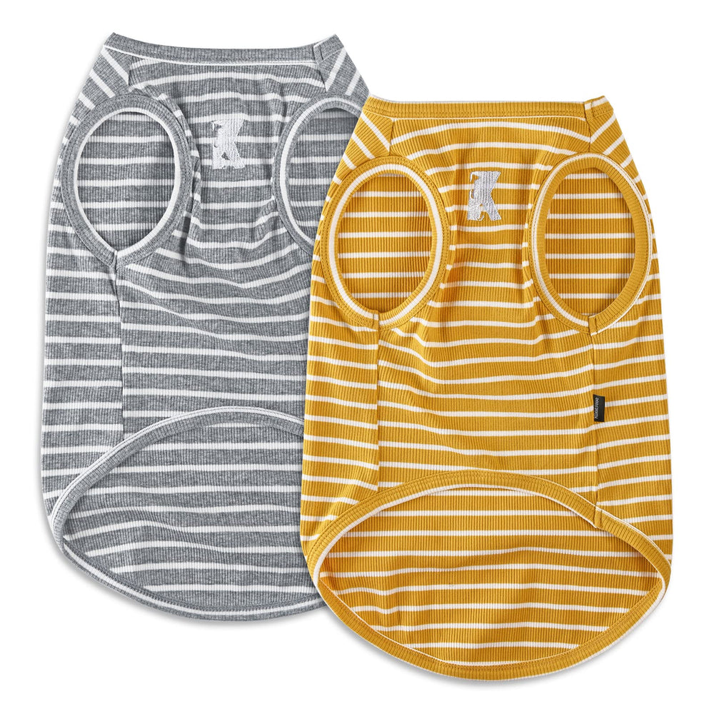 Koneseve camiseta para perro, vista frontal en amarillo con rayas, ligera y transpirable para paseos de verano.