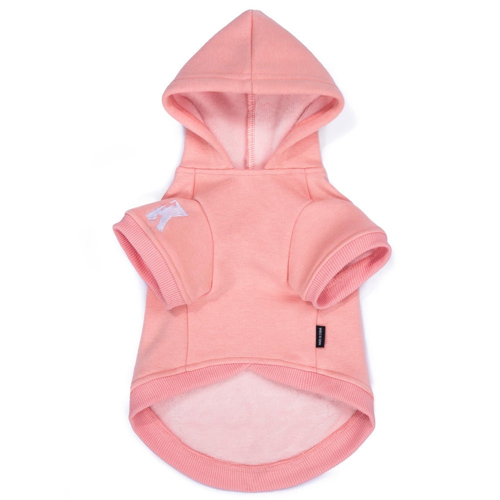 Koneseve sudadera-perro-capucha-rosa-bordado, detalle elegante para salidas con estilo.