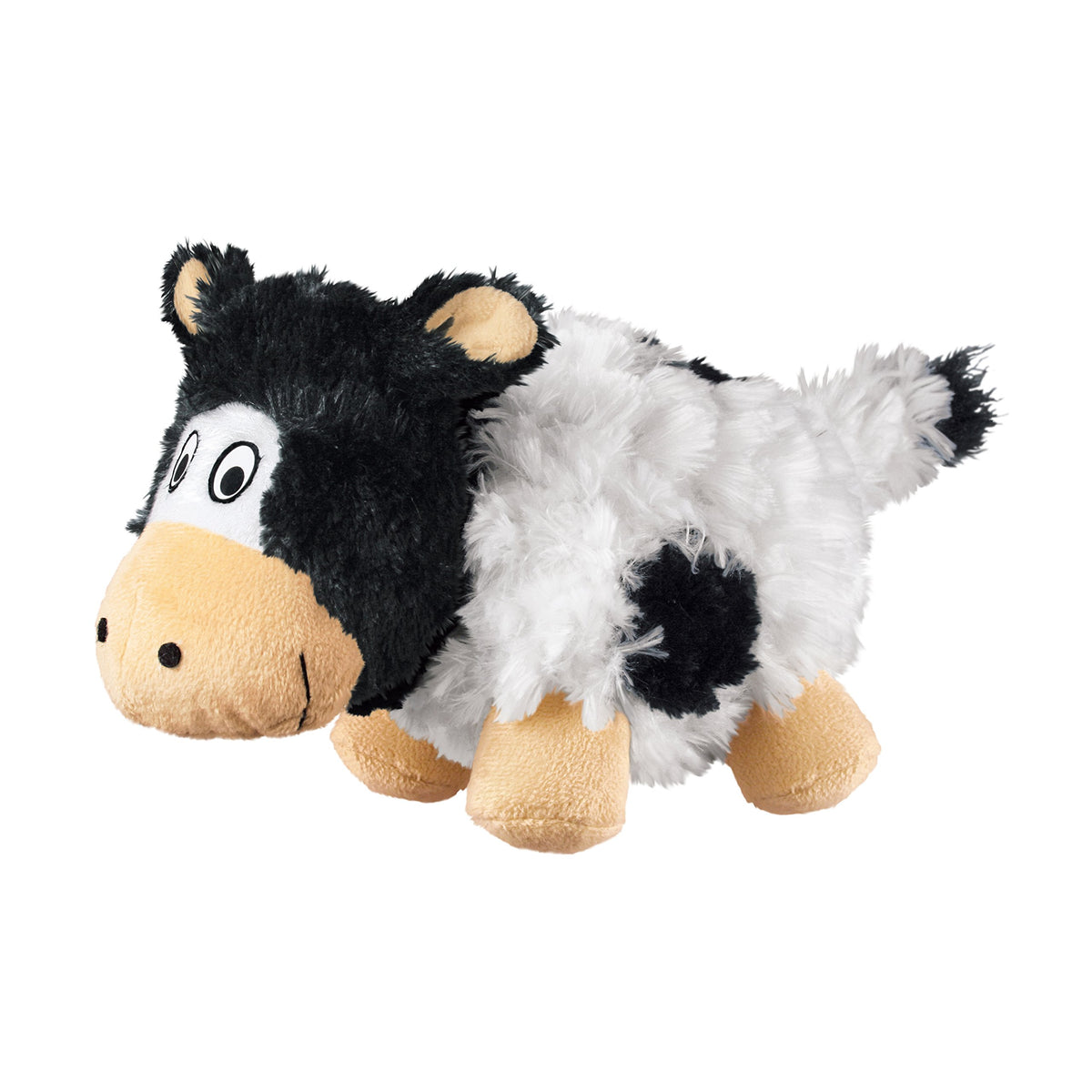 KONG Barnyard Cruncheez vaca: peluche suave con crujido para morder y juego diario.