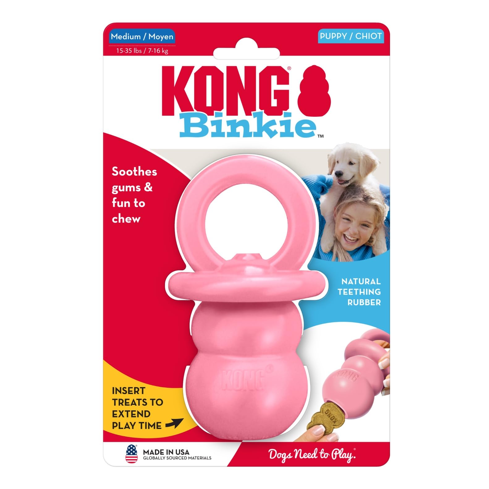 KONG Binkie rosa para cachorros, suave al tacto y atractivo