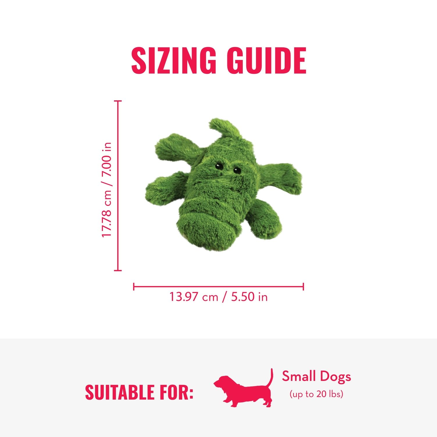 Detalle del cocodrilo de peluche KONG con chirriador para juego interactivo.