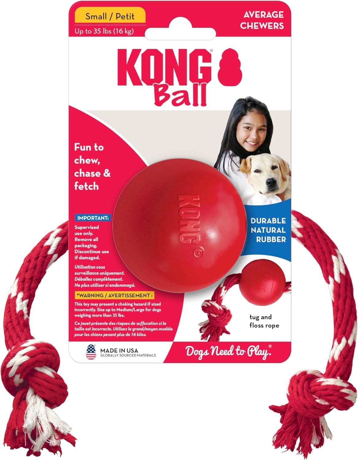 KONG Juguete de bola con cuerda, ideal para lanzar y buscar.