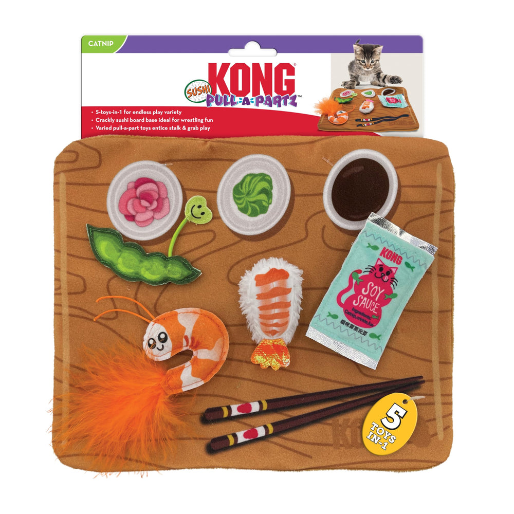 KONG Pull-A-Partz Sushi: camarón desmontable para explorar mordisqueo suave.