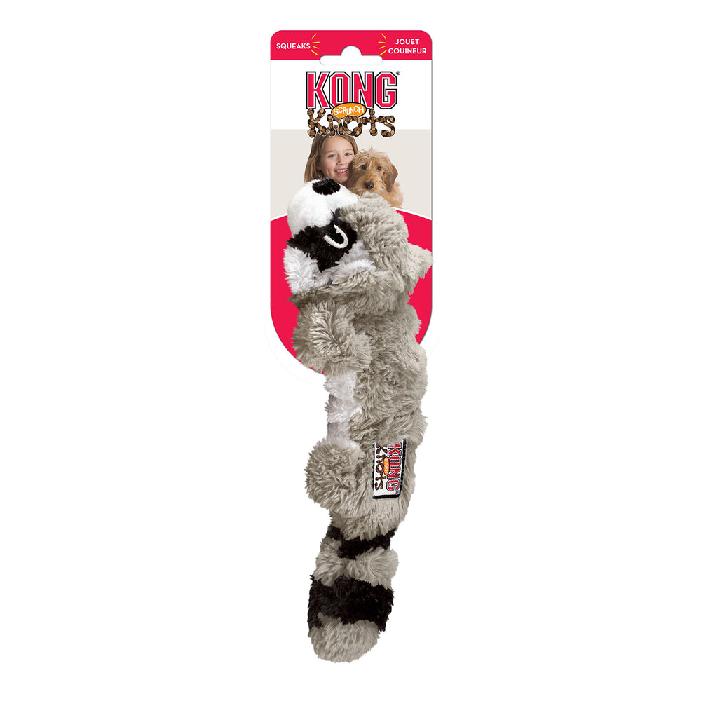 KONG Scrunch Knots Raccoon sin relleno facilita la limpieza después del juego.