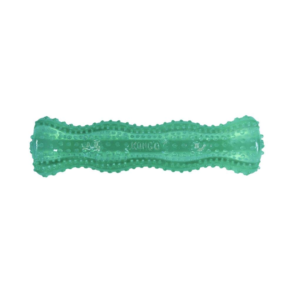 KONG Squeezz Dental Stick, mordedor texturizado, estimula la masticación y uso diario.