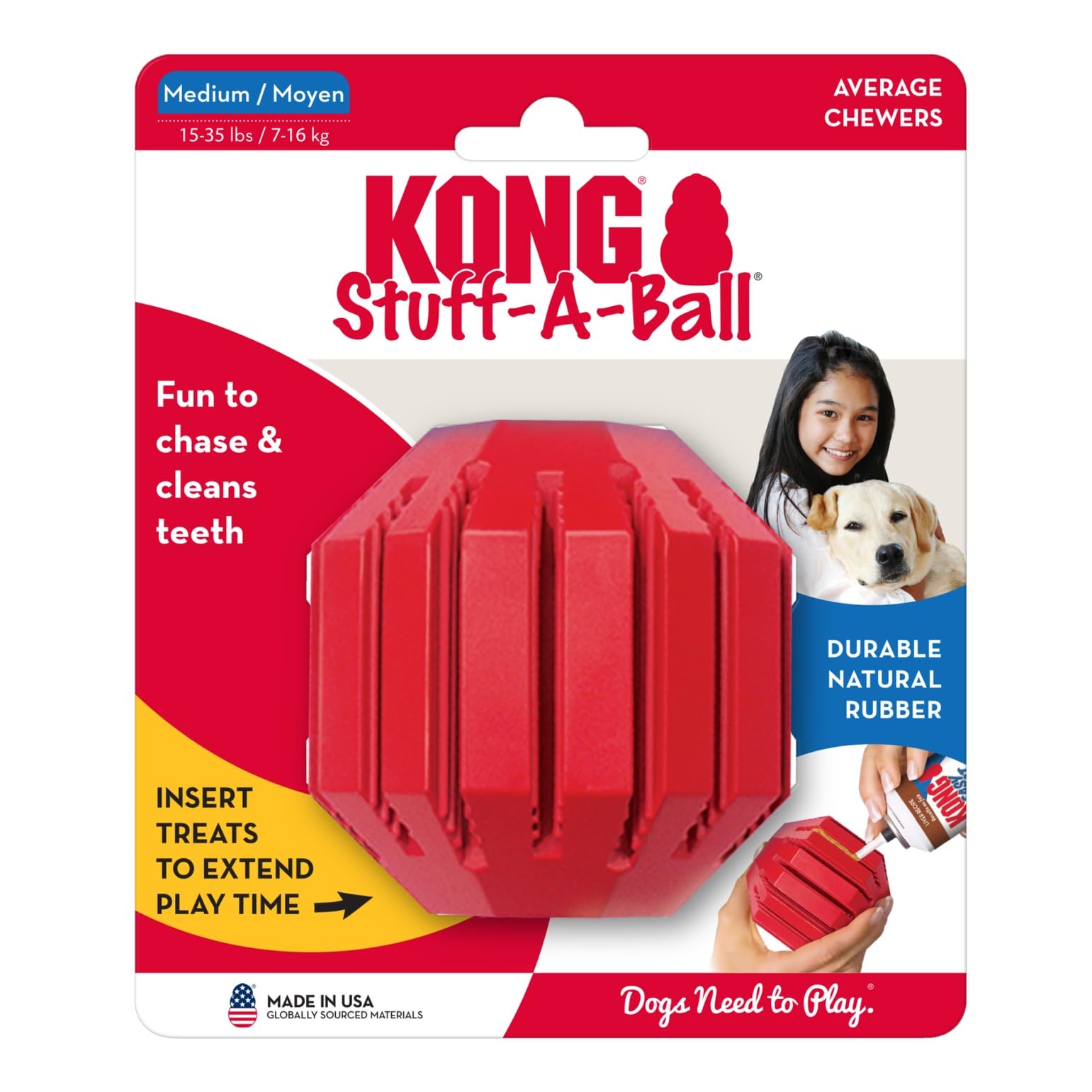 KONG Stuff-A-Ball estimula la curiosidad con rellenos sabrosos.