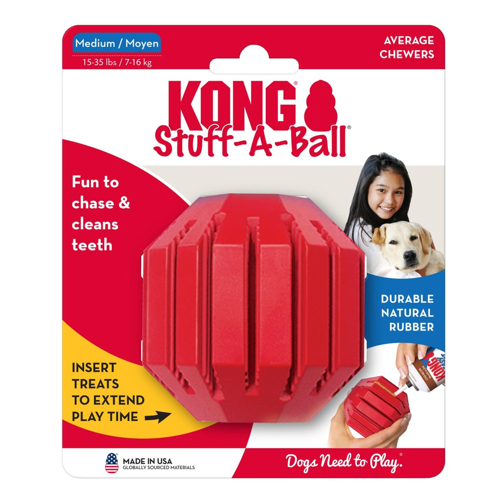 KONG Stuff-A-Ball estimula la curiosidad con rellenos sabrosos.