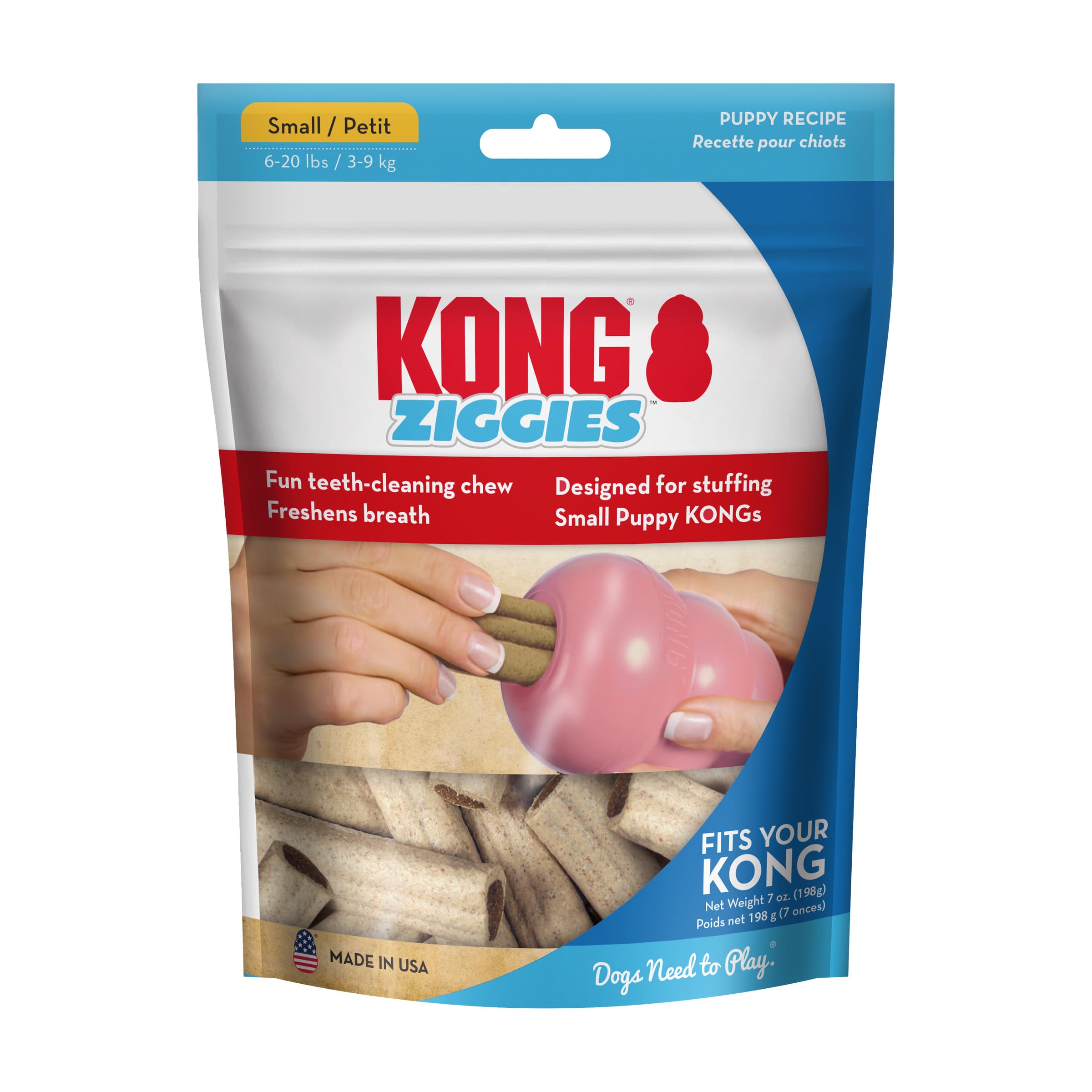 KONG Ziggies Puppy Small con DHA de alga para apoyo sensorial.