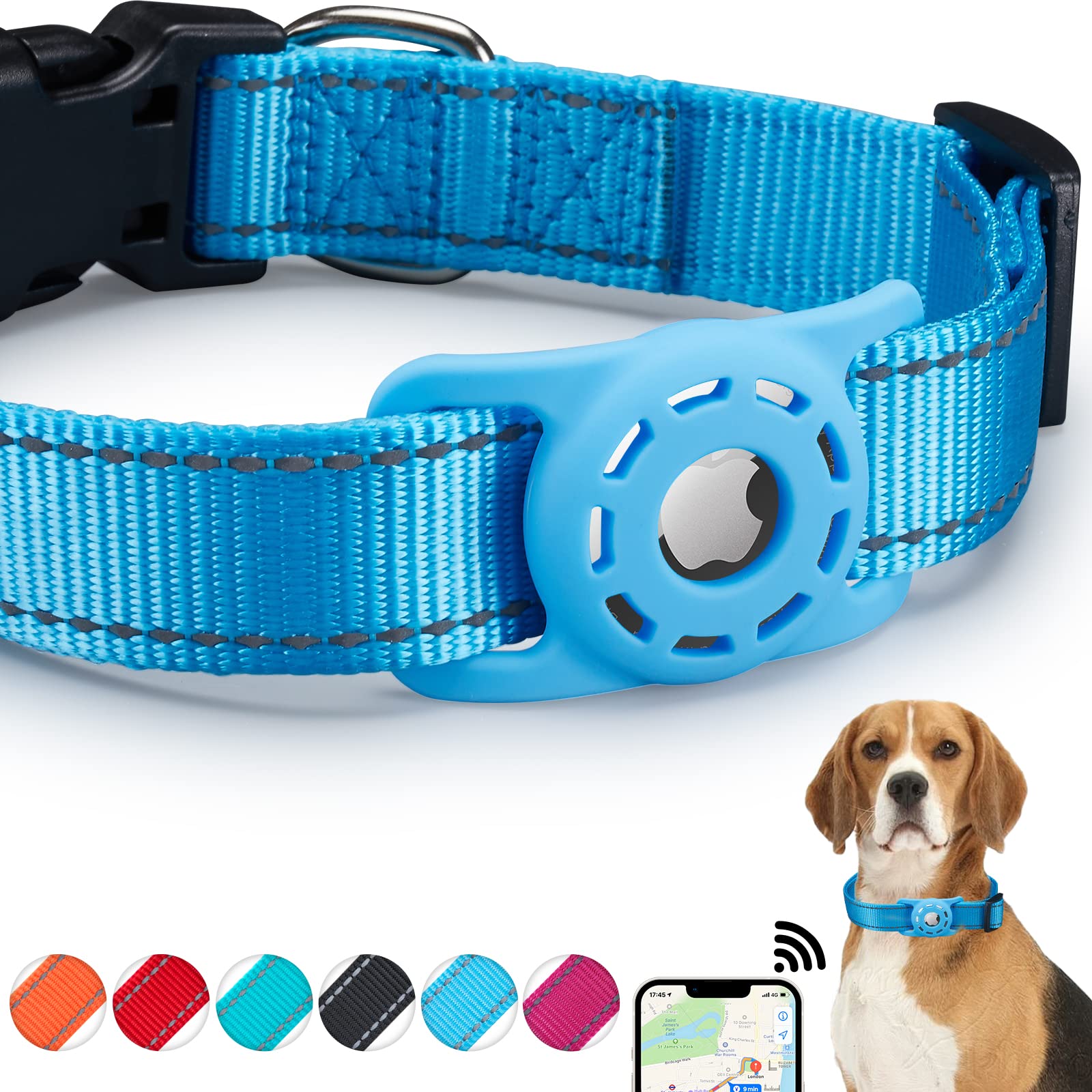 Collar Konity para perro con AirTag integrado en nylon azul, ideal para paseos seguros.