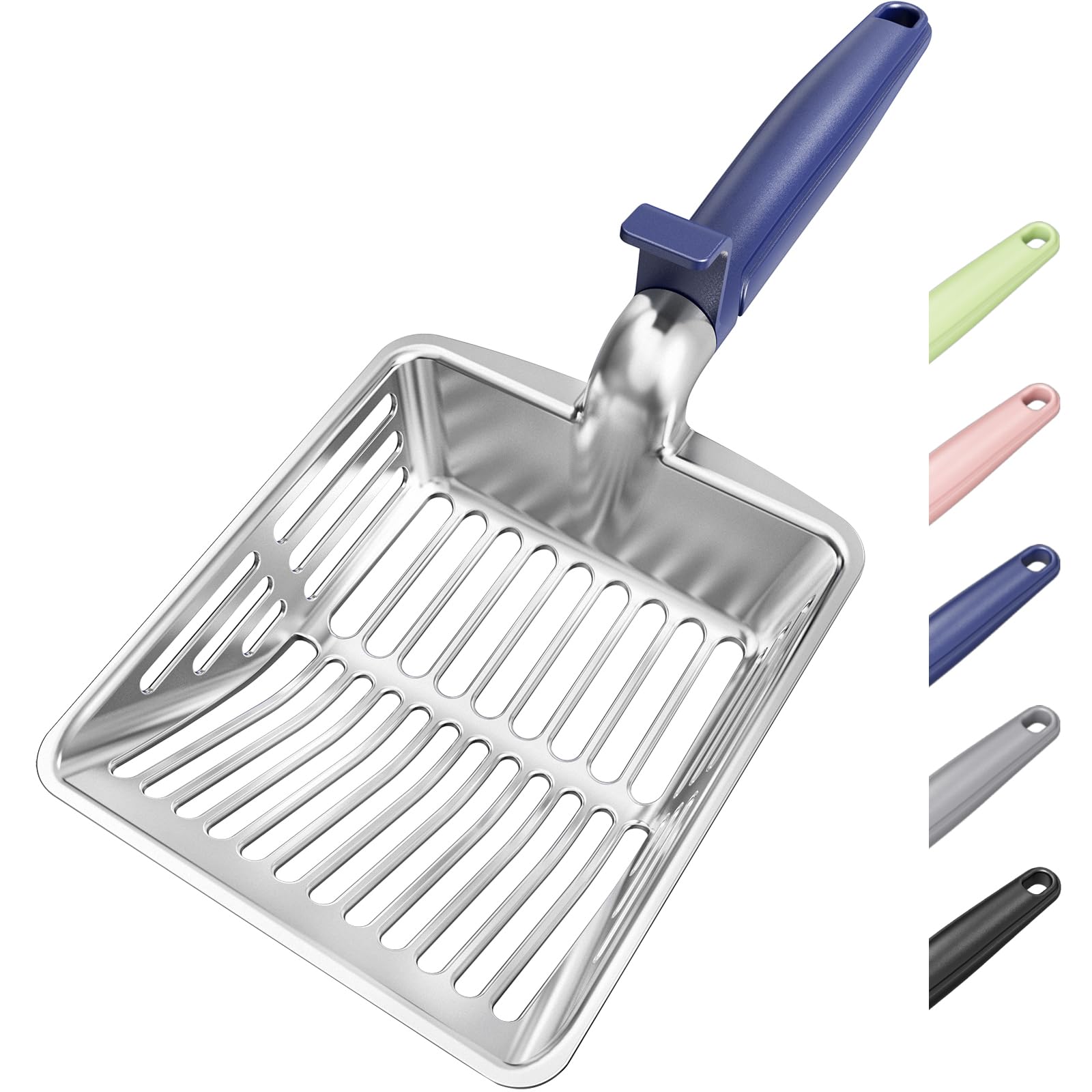 Cuchara metálica KooMooM para gato con raspado profundo y acabado azul.