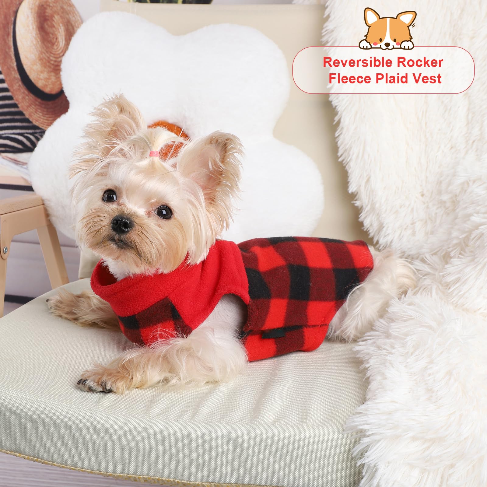 Kosiyi suéter suave para uso diario canino con patrón a cuadros rojos.