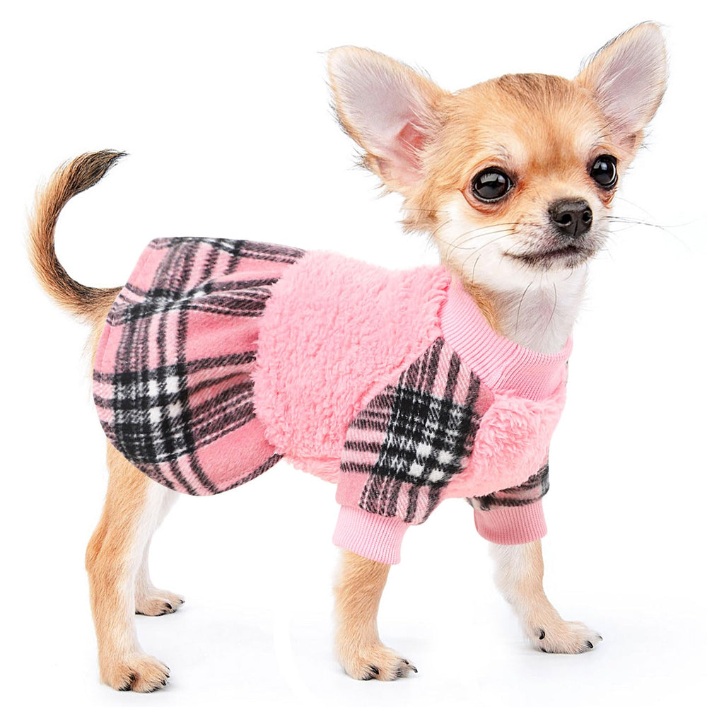 Kosiyi sudadera-vestido para perro pequeño con cuadros rosa, cómodo para salidas diarias.