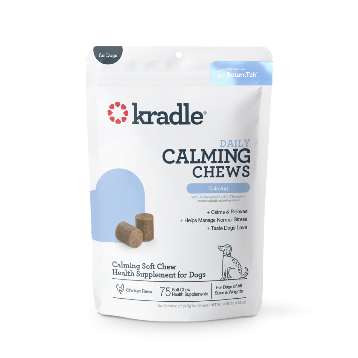 Kradle Calming Chews: presentación en envase fácil de abrir para perros con estrés diario.