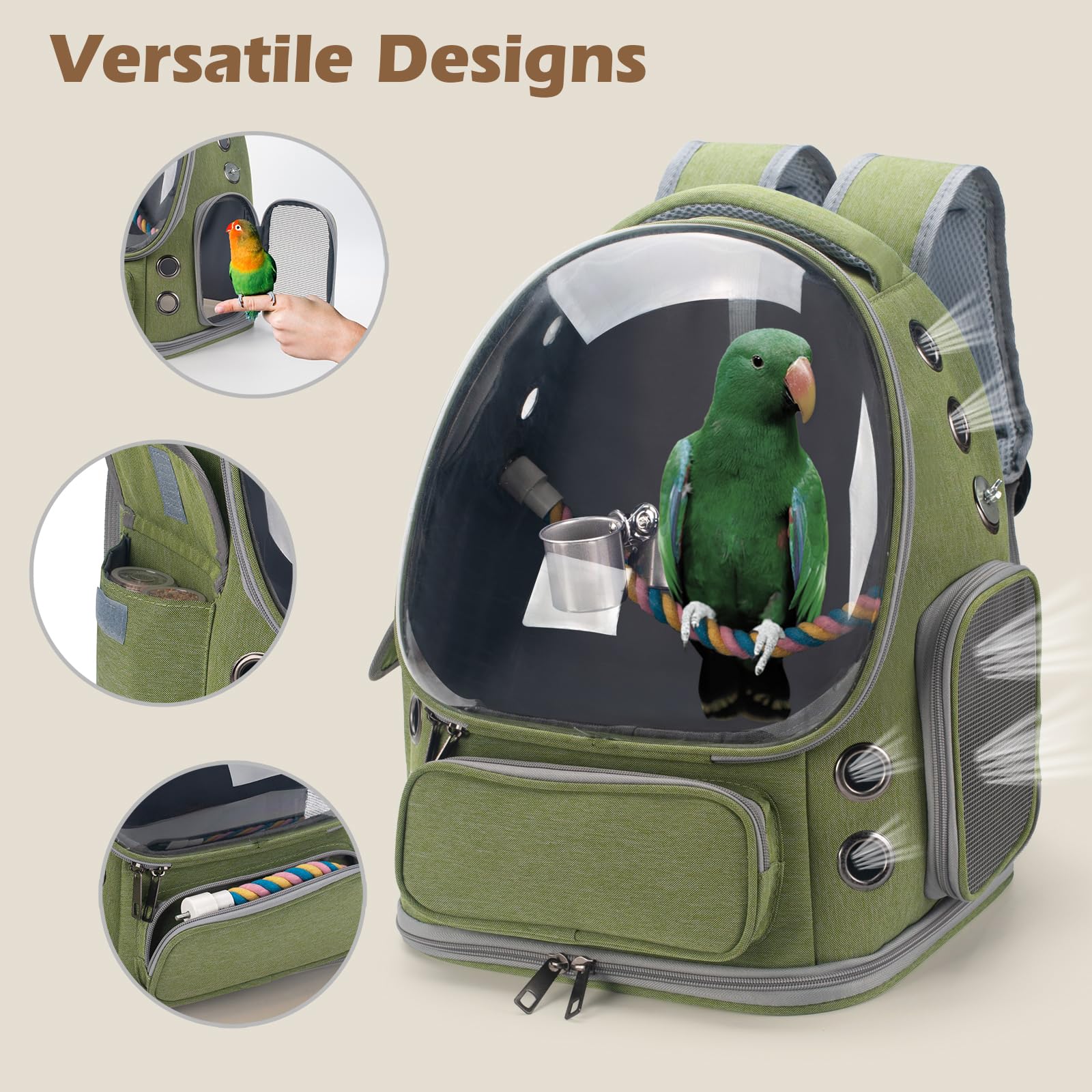 KREACHUR mochila para aves en viajes, uso práctico para camping y visitas veterinarias.