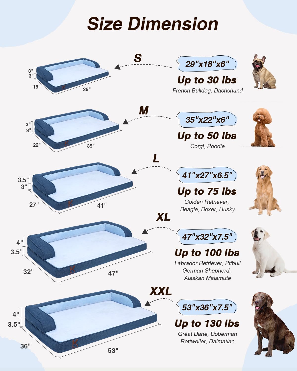 KSIIA cama de 35x22 pulgadas en azul para perros grandes
