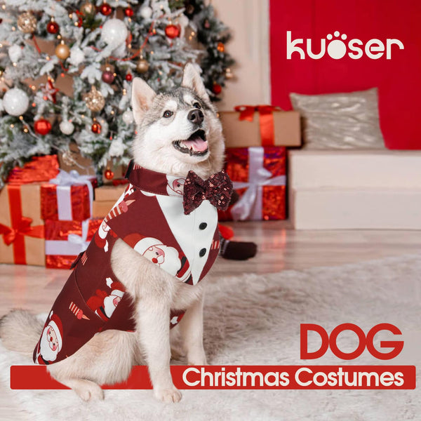Kuoser-disfraz-santa-perro-patron: diseño clásico para Navidad, perfecto para desfiles y reuniones.