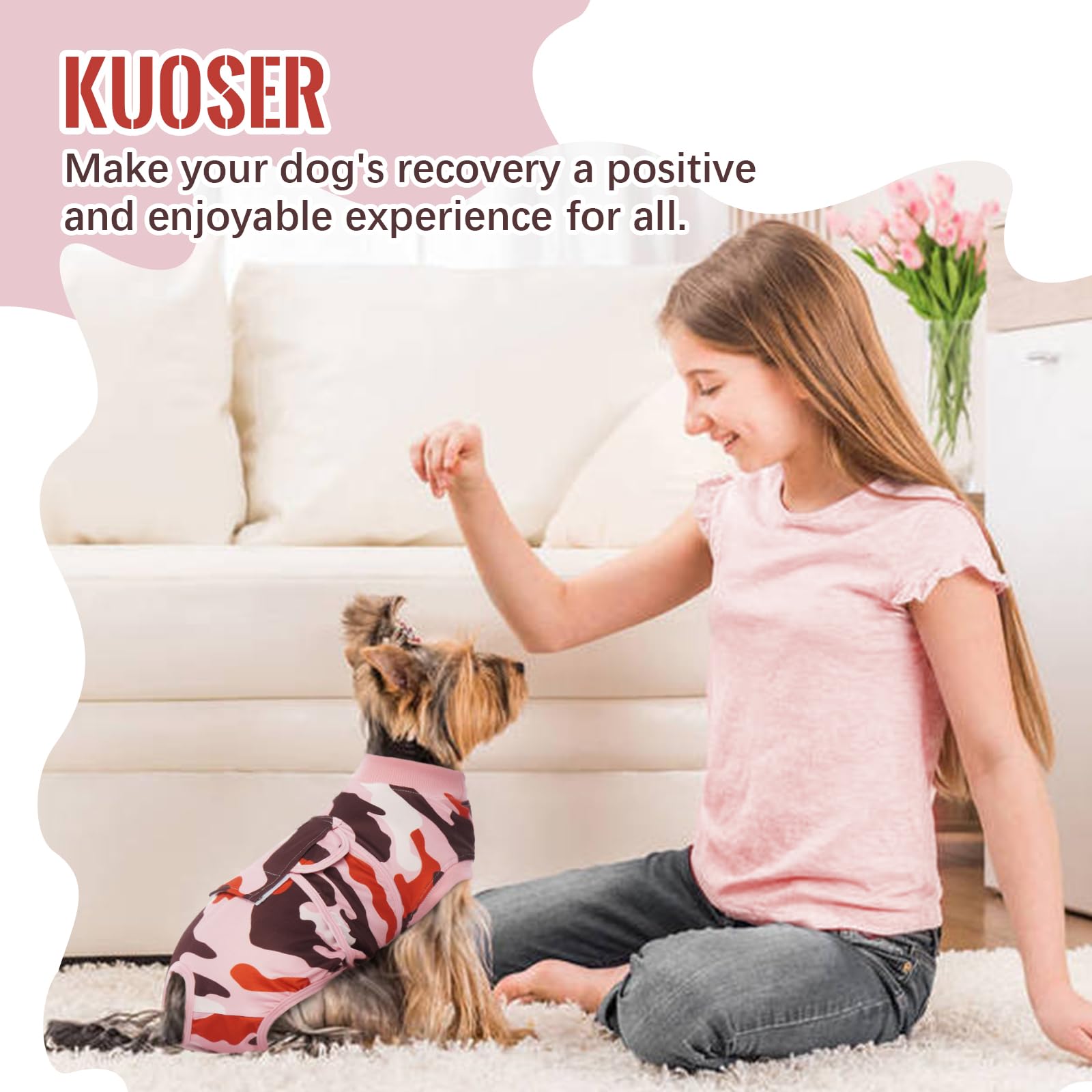 Kuoser Recovery Suit con guía de tallas, fácil ajuste para perros y gatos.