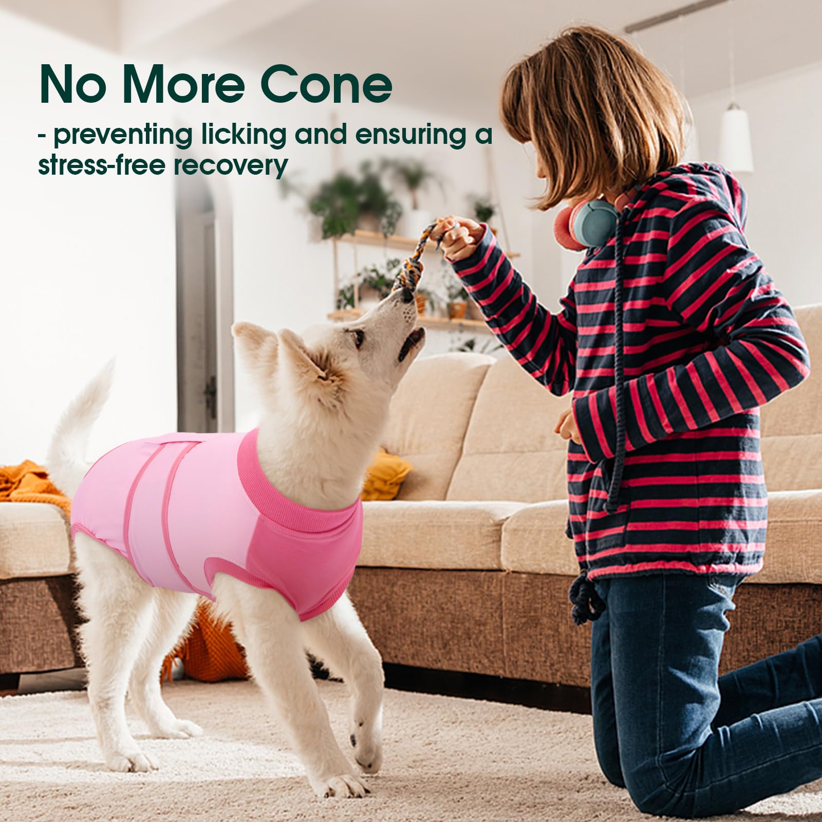 Kuoser Recovery Suit rosa, diseño suave y cómodo para perros.