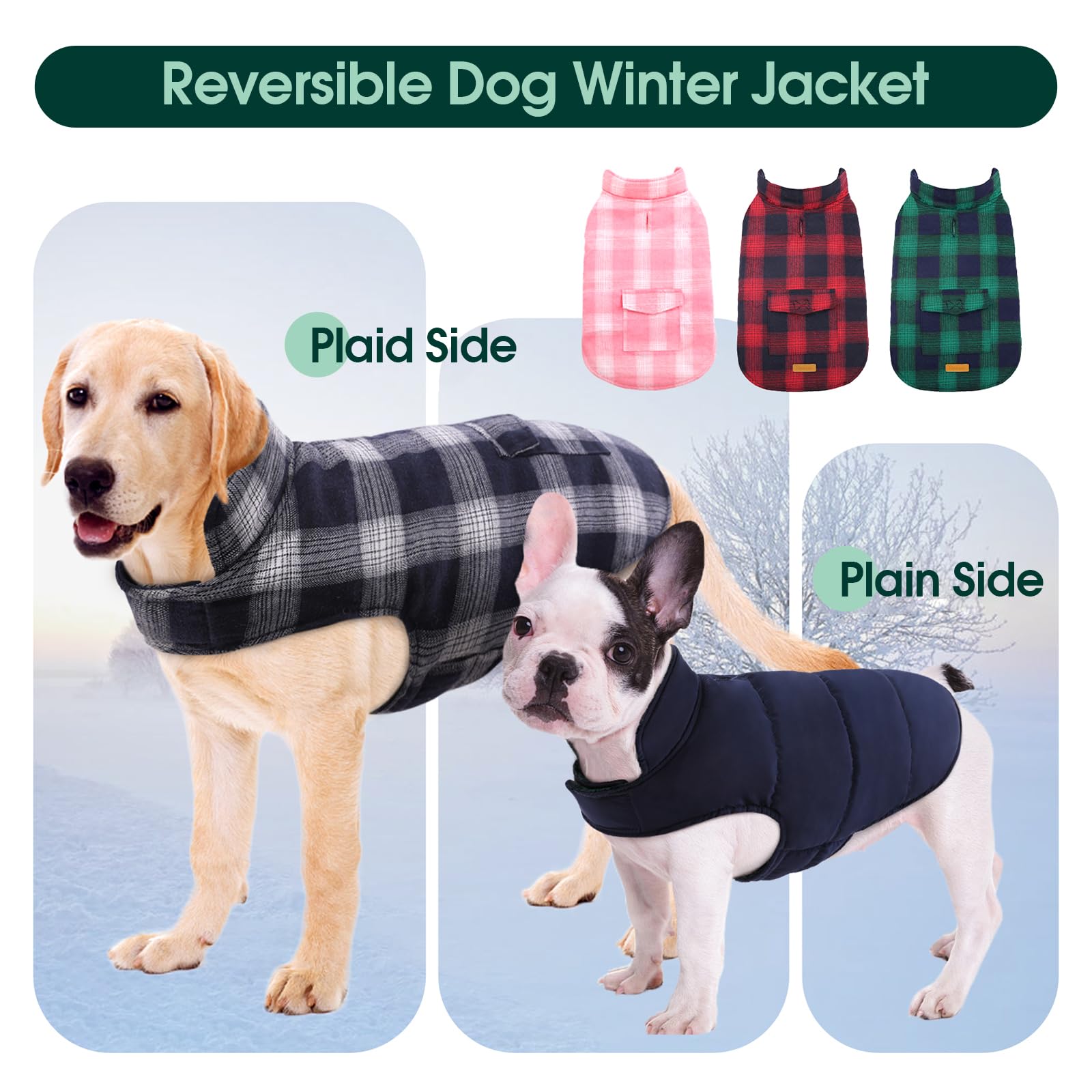 Kuoser chaqueta reversible con estilo a cuadros, añade variación y moda para perros