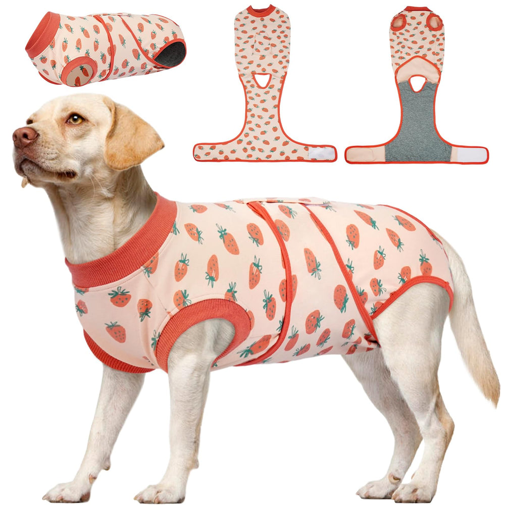 Kuoser suit de recuperación para perro rosa frontal: cómodo para comer y moverse