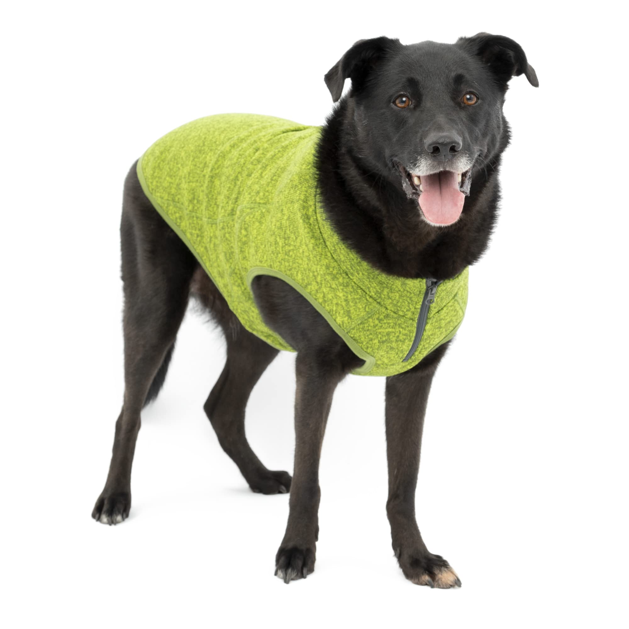 Kurgo K9 Core Sweater, dorso en verde Heather, mantiene al perro cómodo y cálido durante caminatas.