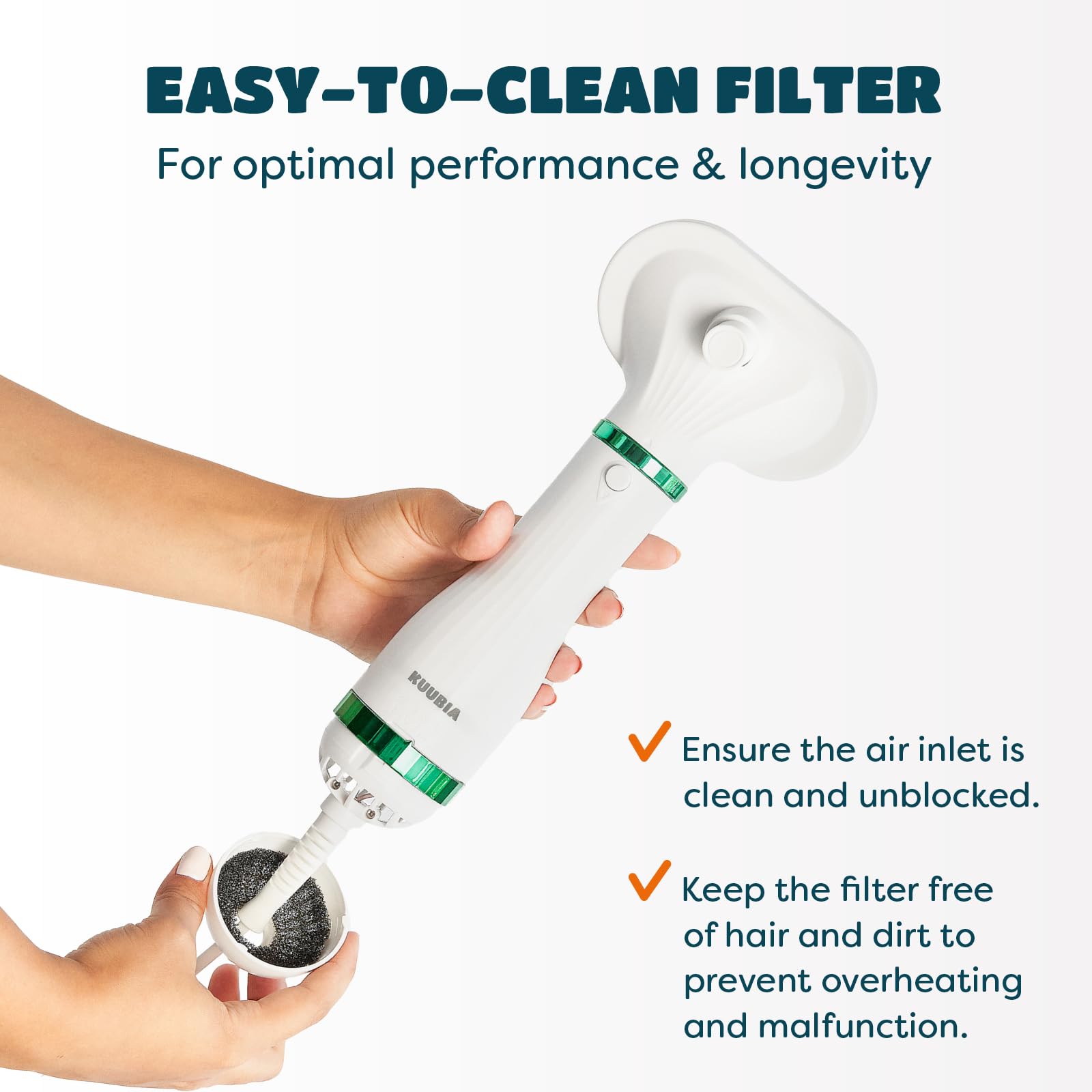 KUUBIA cepillo auto-limpiable facilita eliminar pelos con un botón.