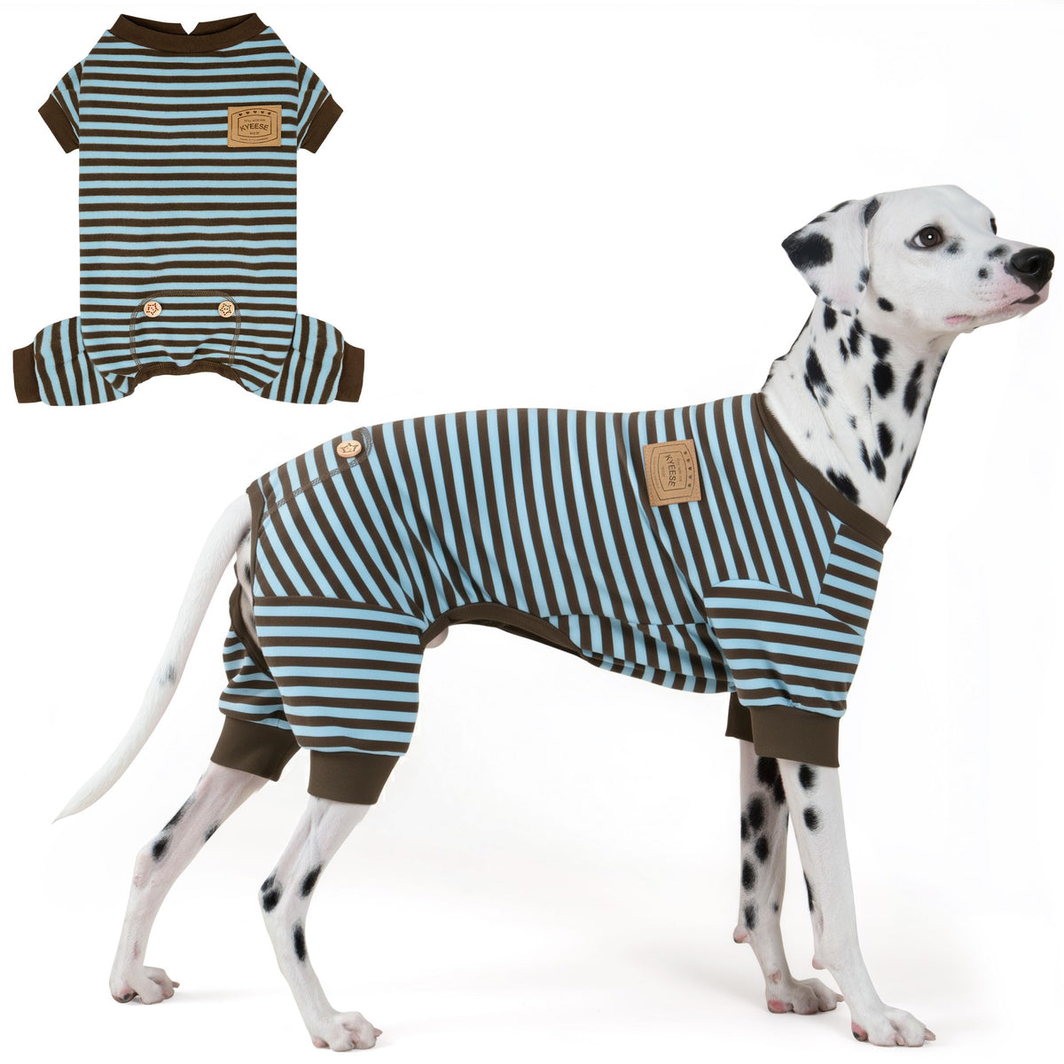 KYEESE Pijama para perros con rayas azules, cómodo descanso diario.