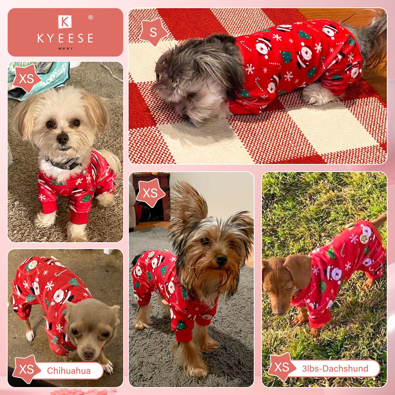 Pijama KYEESE disponible en tallas XS a XXXL para perros pequeños y medianos.