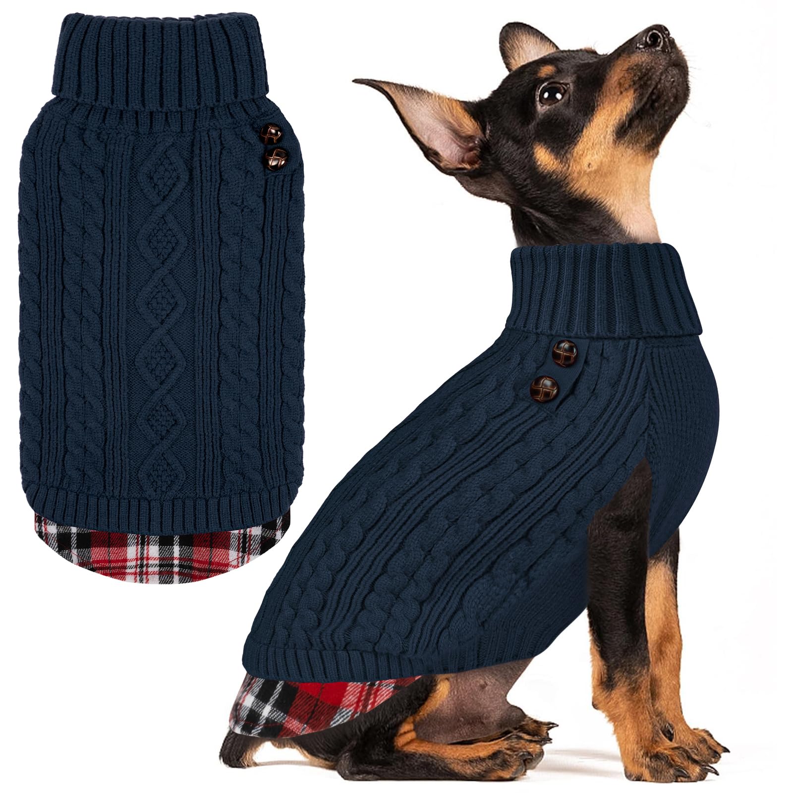 KYEESE suéter para perro pequeño, cuello alto con parche cuadros, cálido para paseos.
