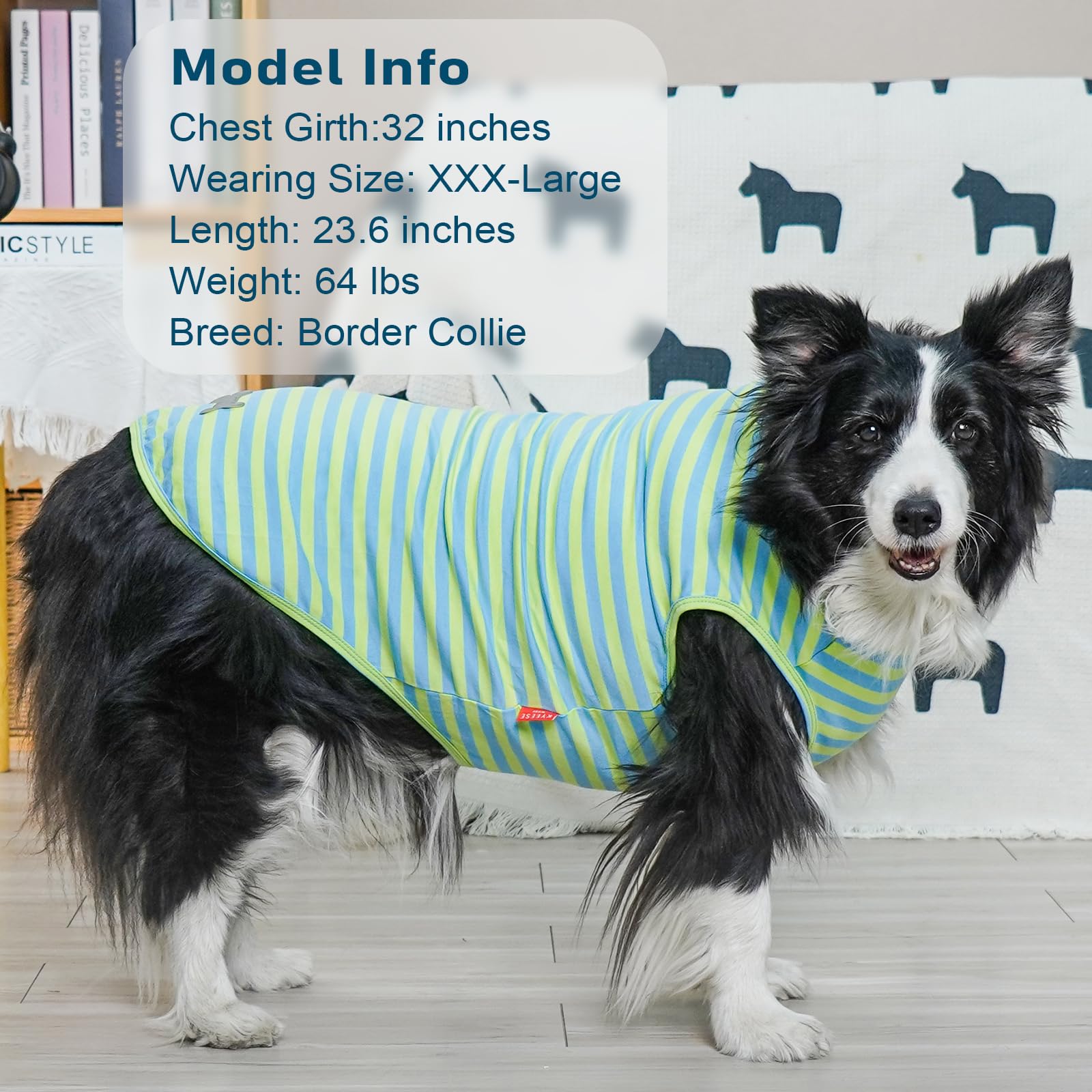 KYEESE camiseta perro azul rayas, ajuste cómodo según medidas de pecho.