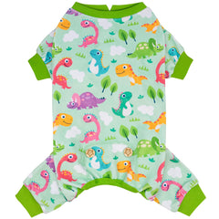 Pijama KYEESE para perros con dinosaurios coloridos, ideal para paseos diarios.