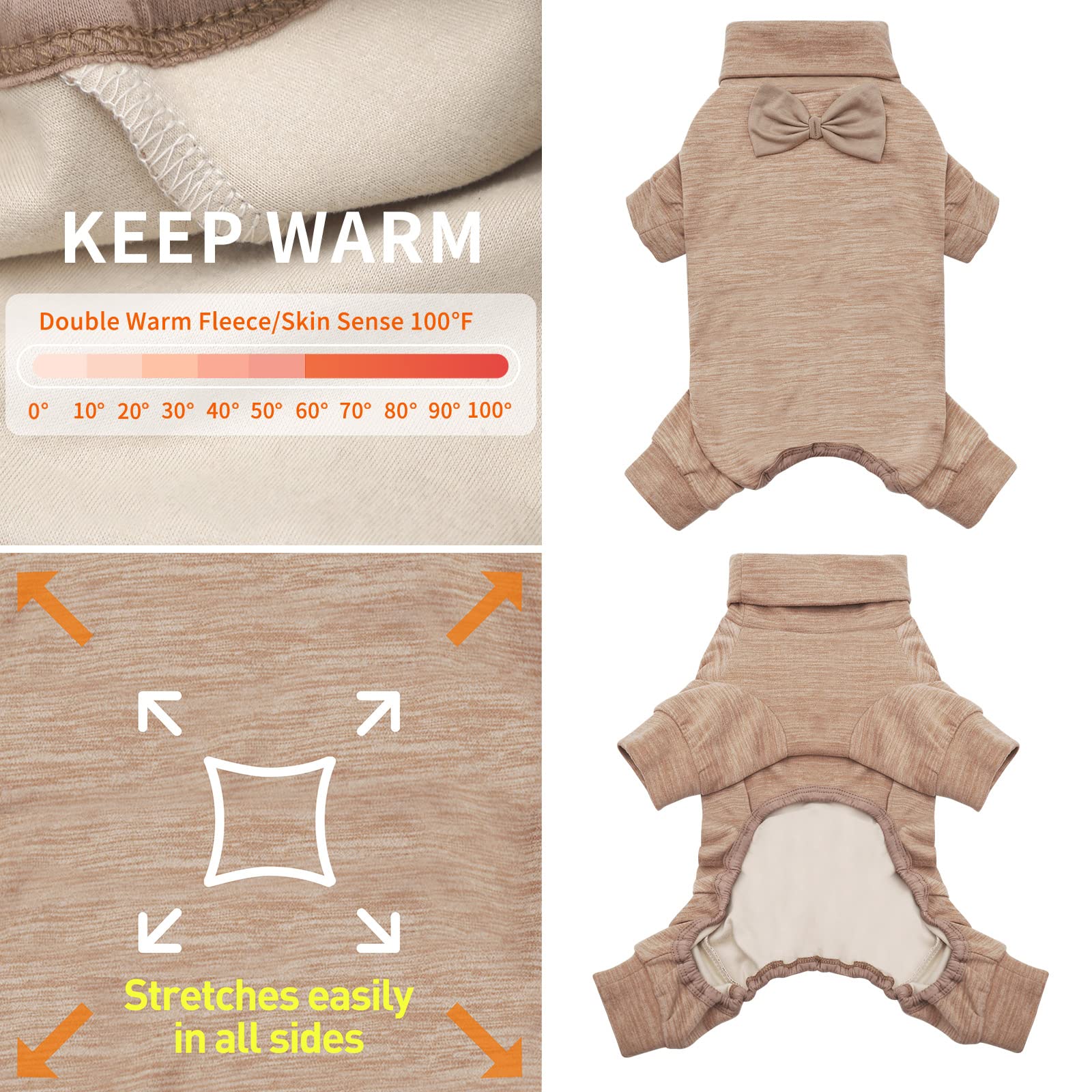 Detalle del cuello alto del pijama KYEESE para perro, aporta calidez.