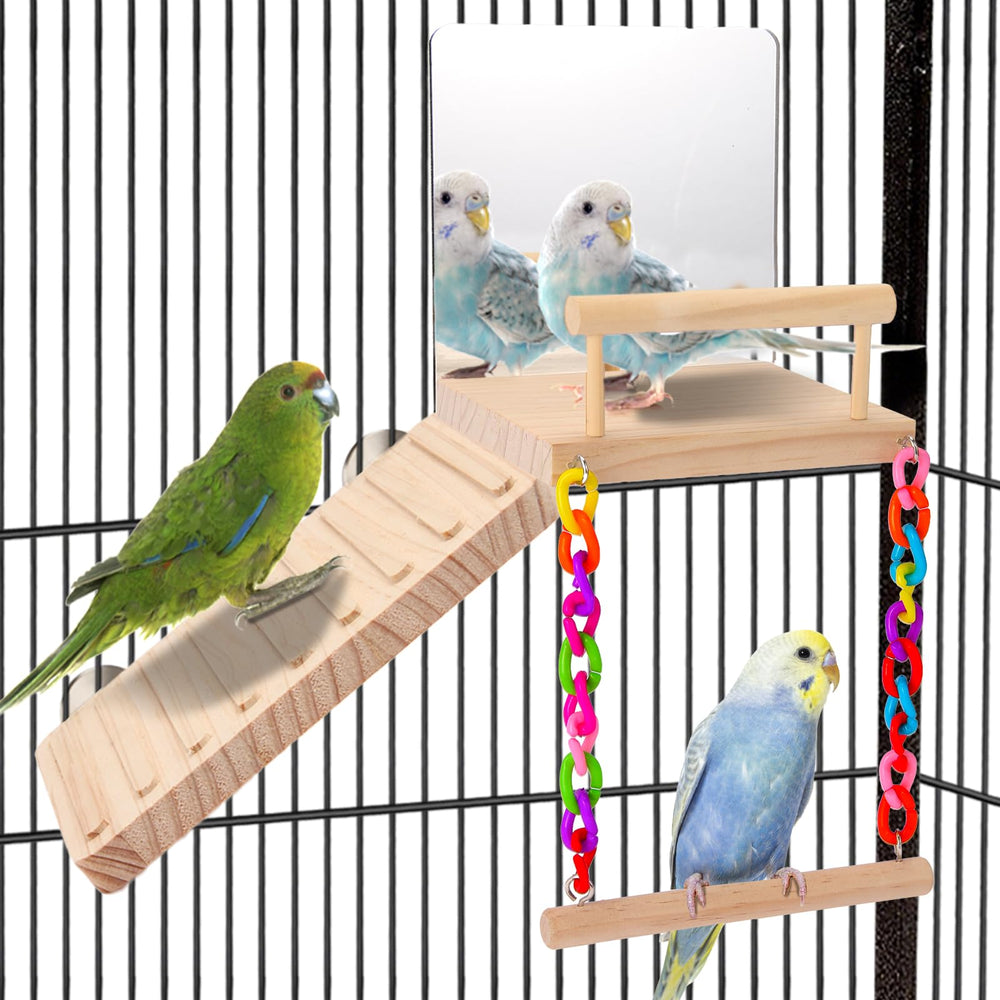 Kyouki plataforma para aves con espejo acrílico, ideal para interacción visual segura.