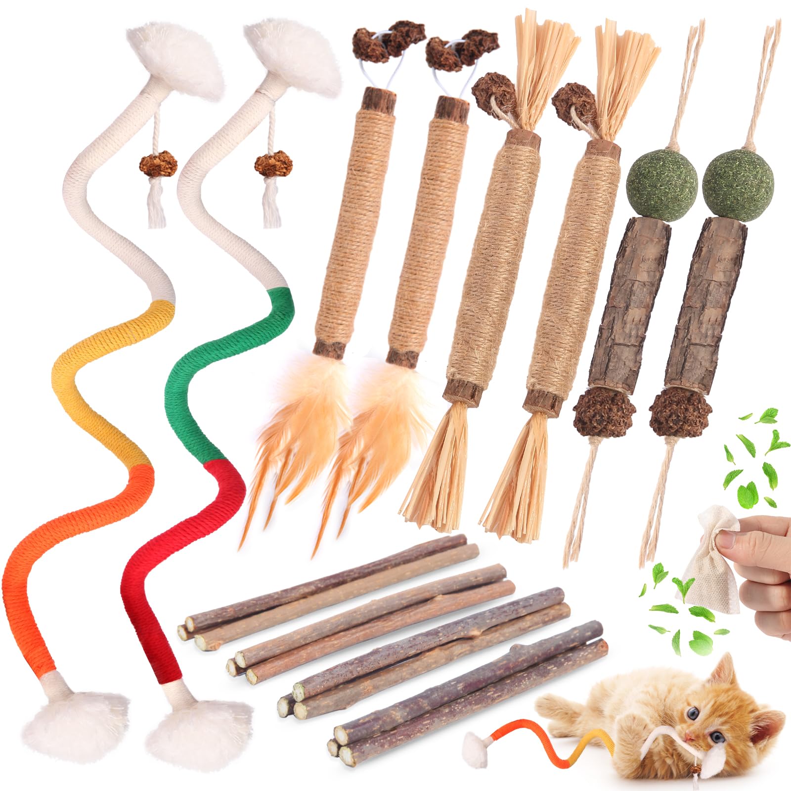 Juguetes Kyoki con palitos de silvervine para gatos, estimulan juego y mordisqueo seguro.