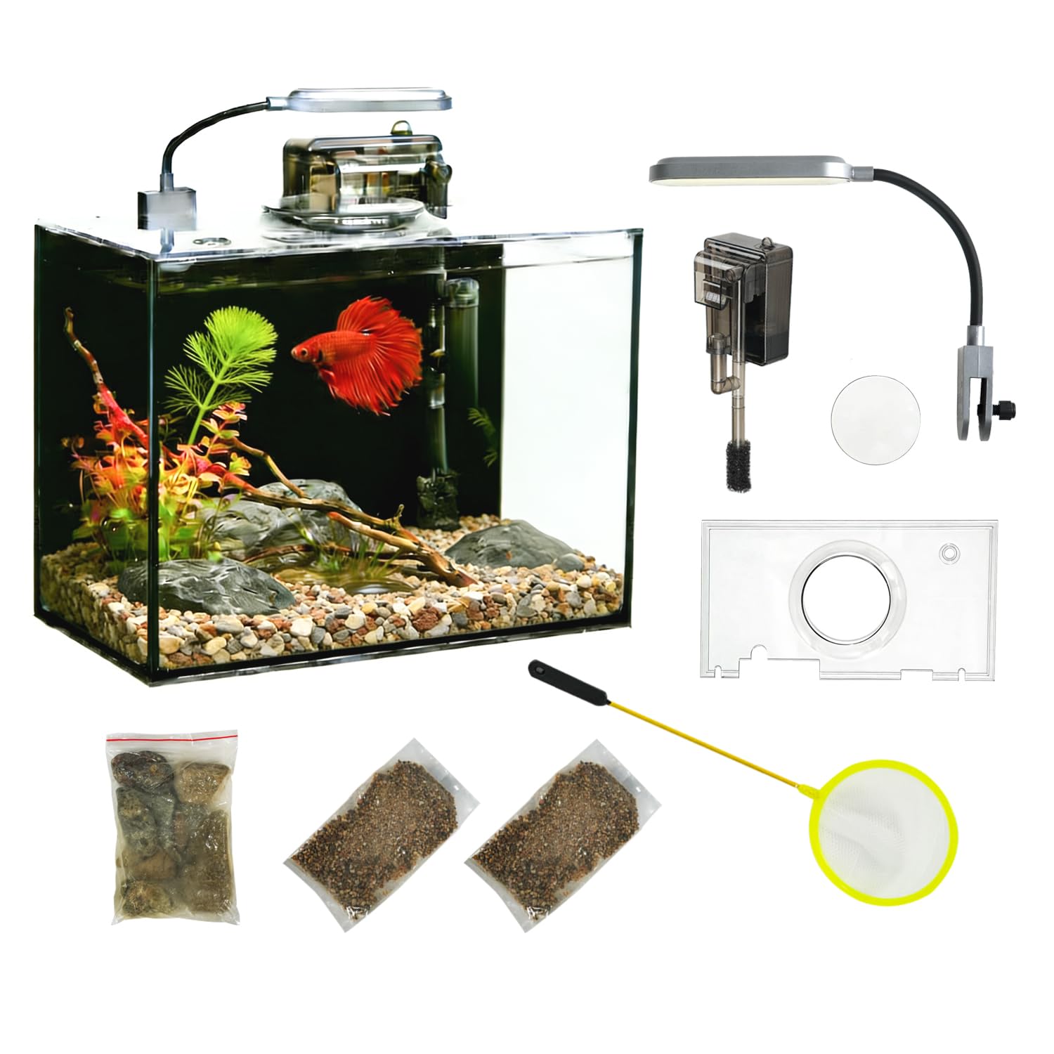 KZS acuario vidrio 2 galones con filtro y luz, vista cristalina para betta.