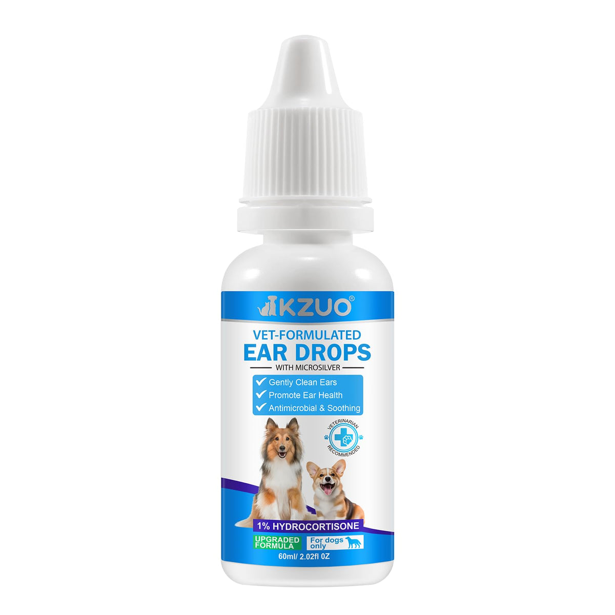 Gotas KZUO para otitis canina en envase de botella, alivio posible de picor.