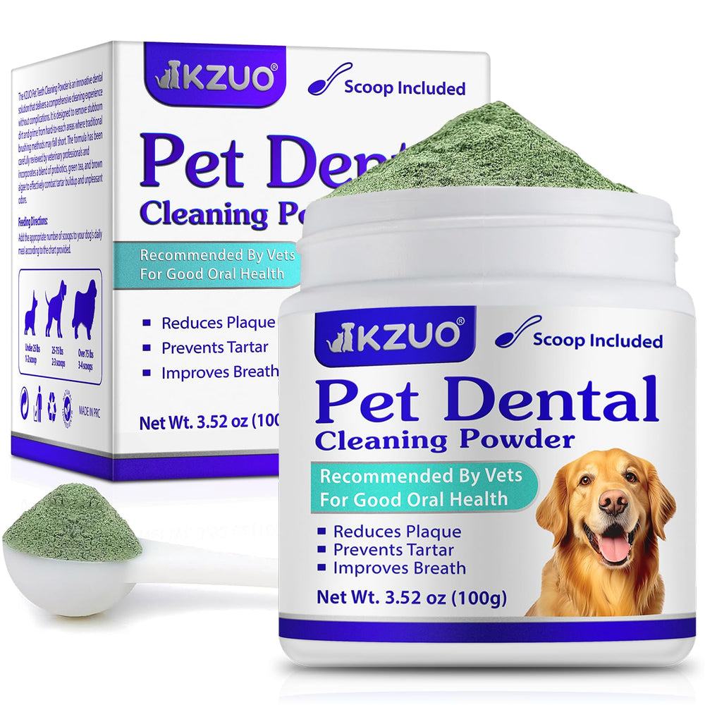KZUO polvo dental para perros y gatos en empaque práctico.