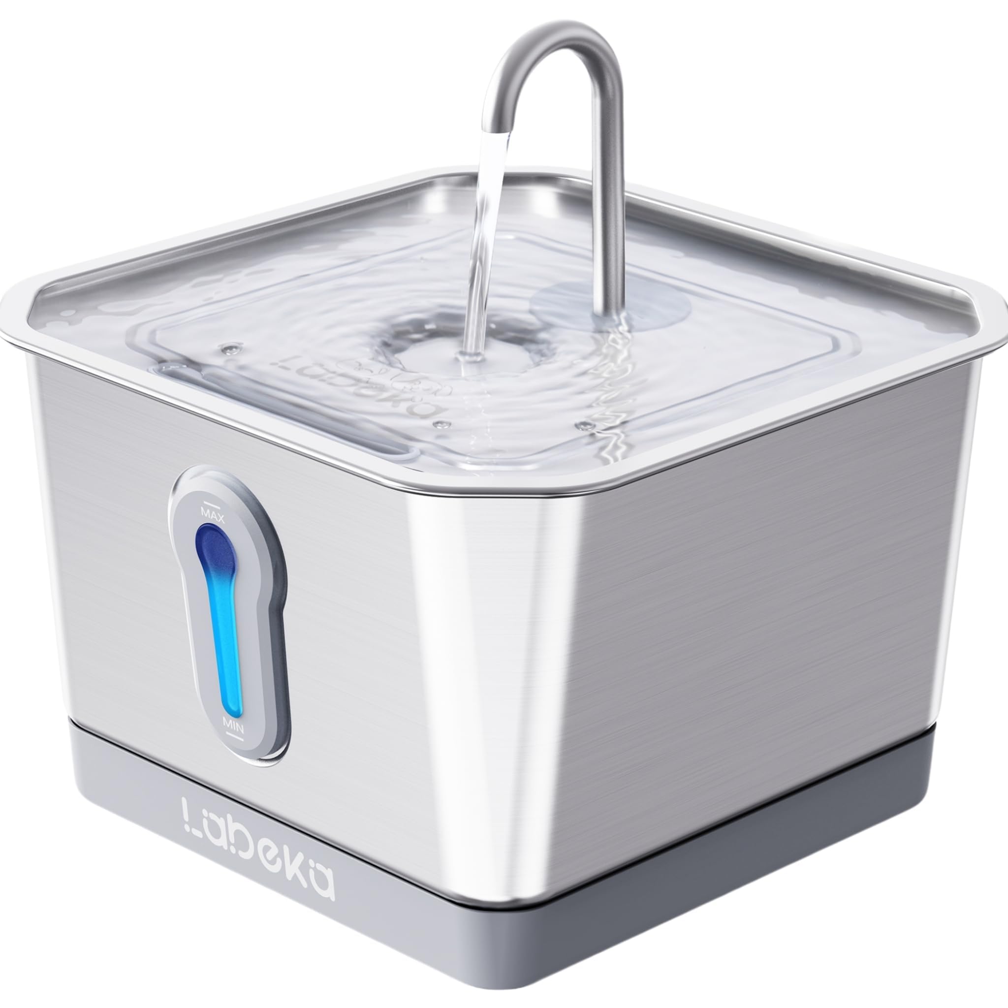 LABEKA: fuente para gatos en acero inoxidable, vista frontal estable para hidratación.