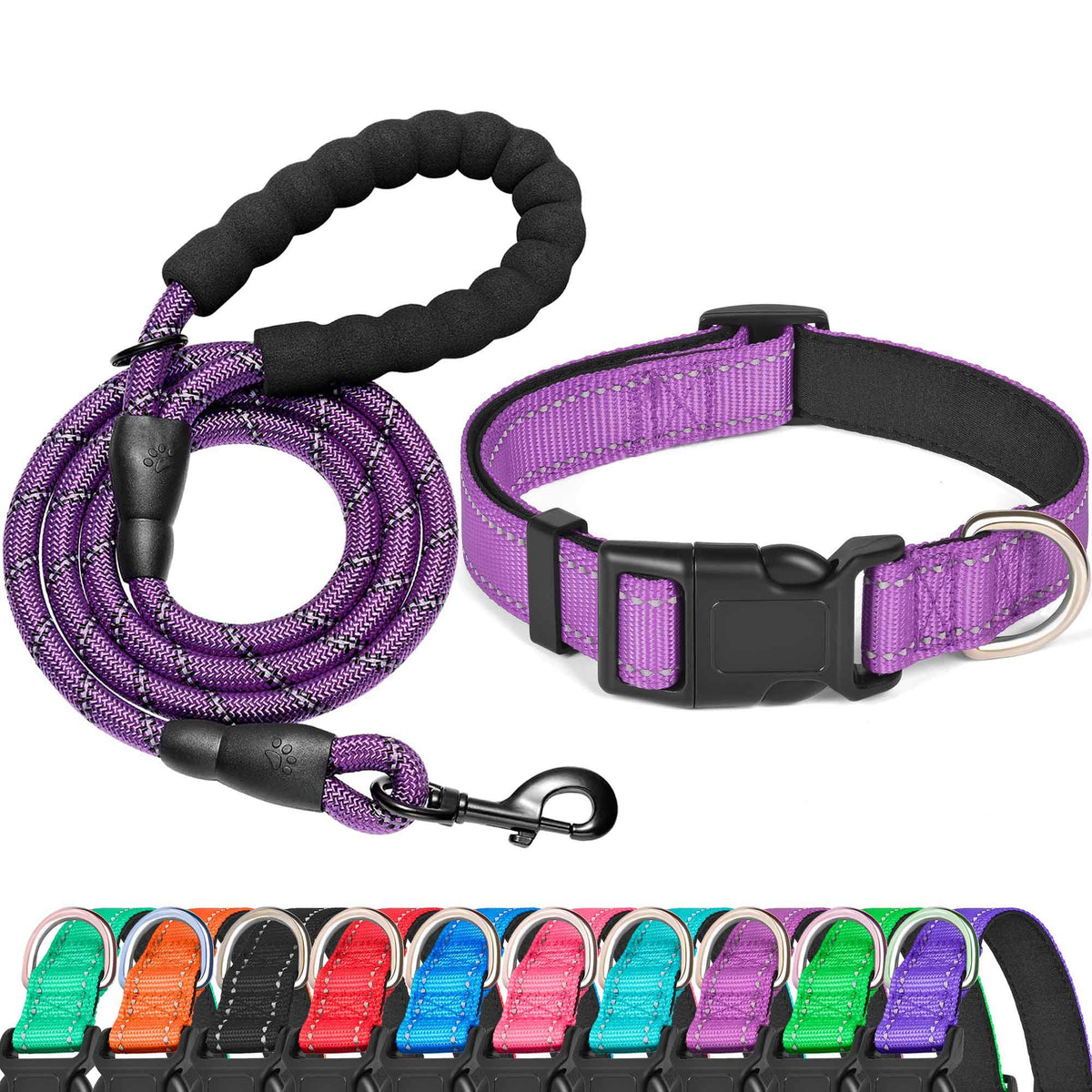 Collar reflectante Ladoogo con neopreno morado para visibilidad nocturna.