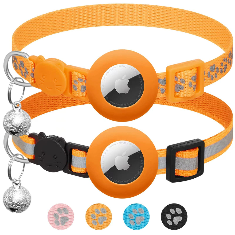 Collar LAFAYI para gato con Airtag naranja y cierre de seguridad, ideal para actividad diaria.