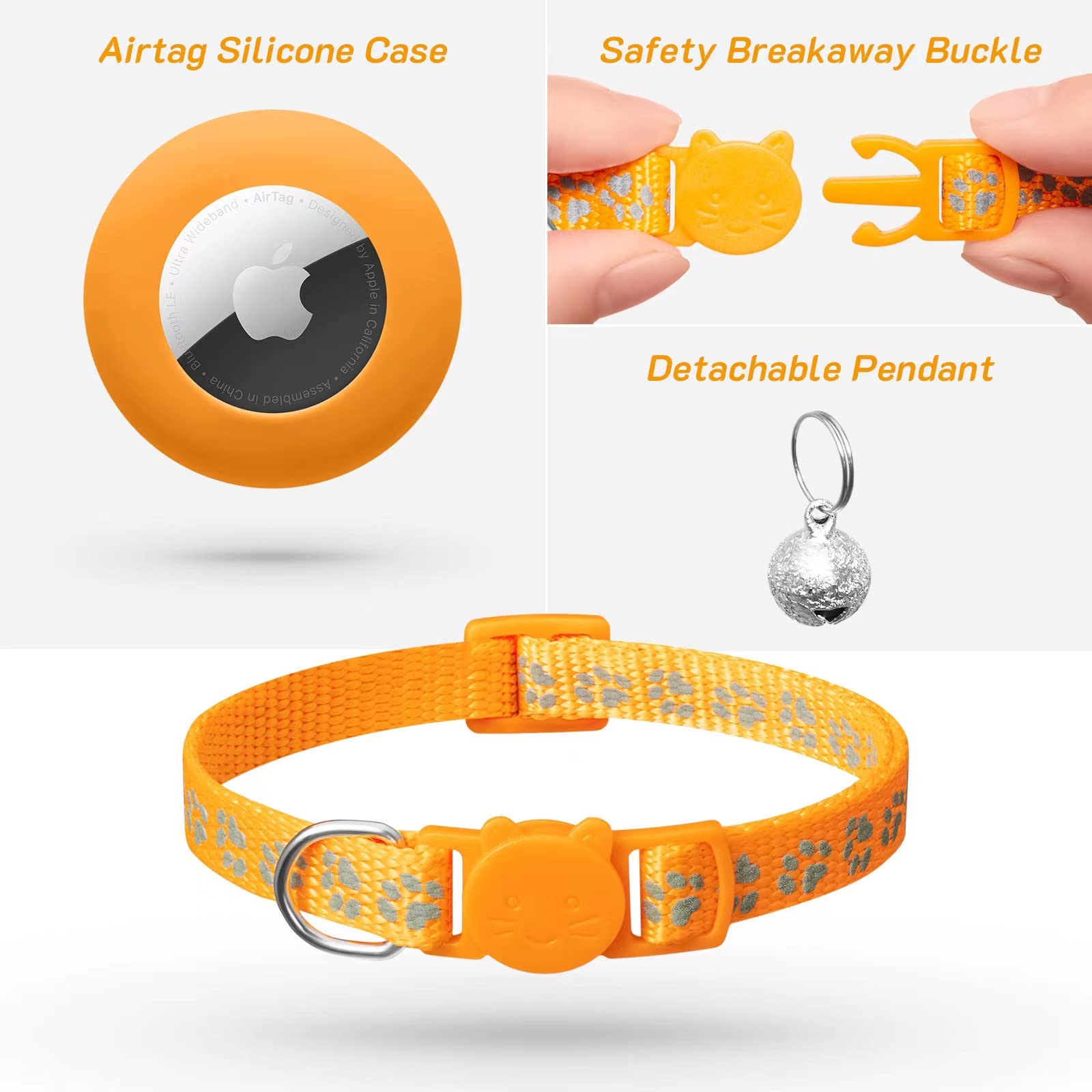 Collar LAFAYI reflectante con Airtag naranja mejora visibilidad nocturna.