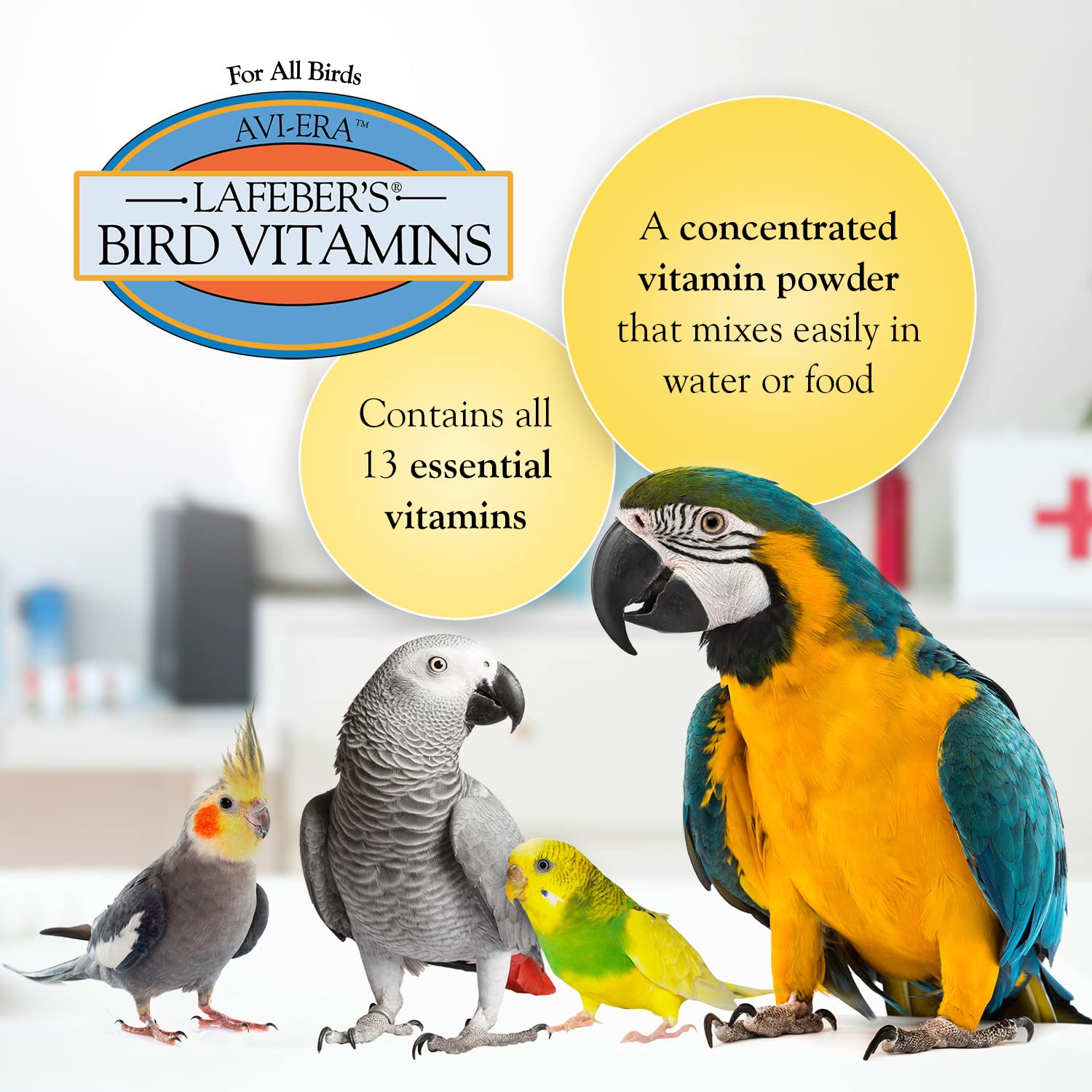 Polvo de vitaminas Avi-Era de Lafeber's, se mezcla rápido en agua para aves.