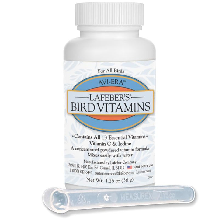 Lafeber's Avi-Era polvo vitamínico en envase, nutrición diaria para aves.