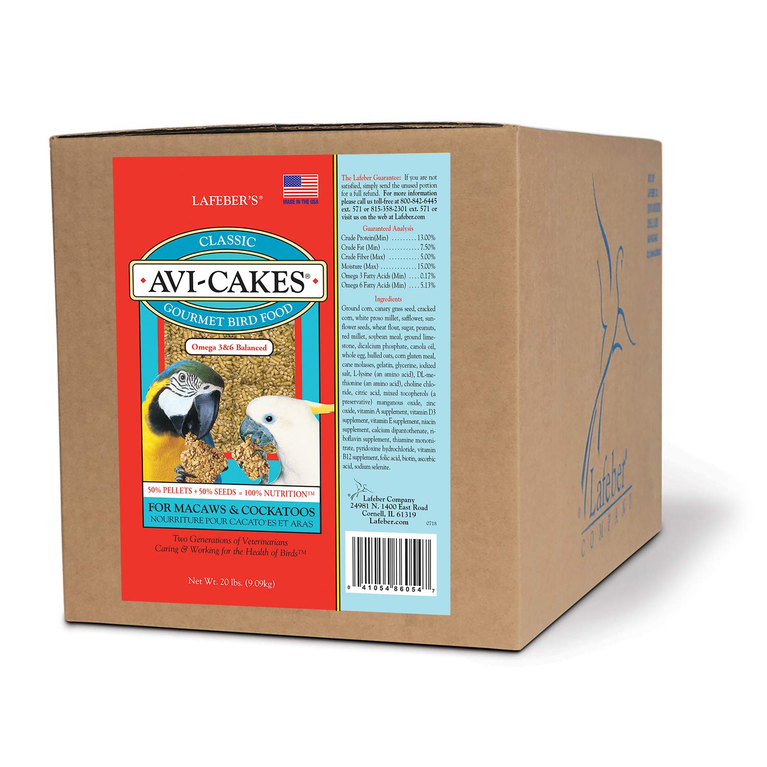 LAFEBER'S Avi-Cakes en bolsa de 20 lb para guacamayos y cacatúas, alimentación balanceada.