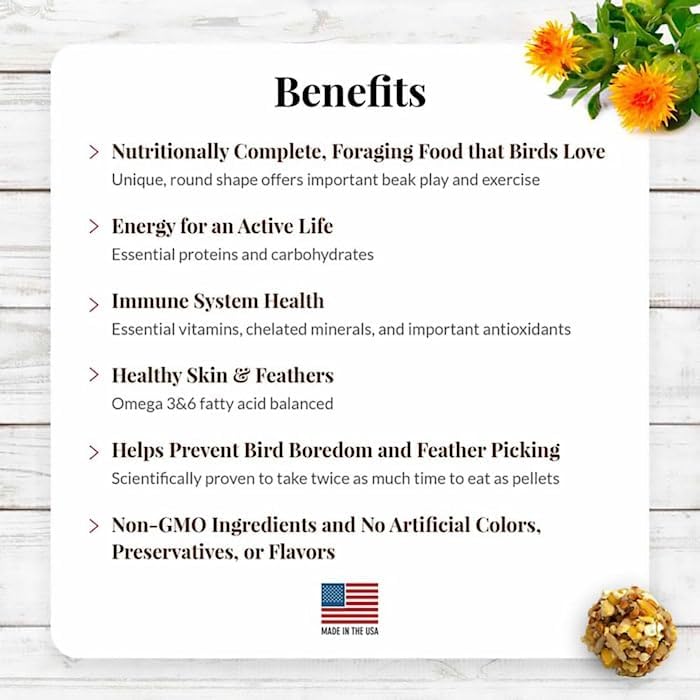 Lafeber's Nutri-Berries con antioxidantes y omega-3/6 para plumaje saludable.