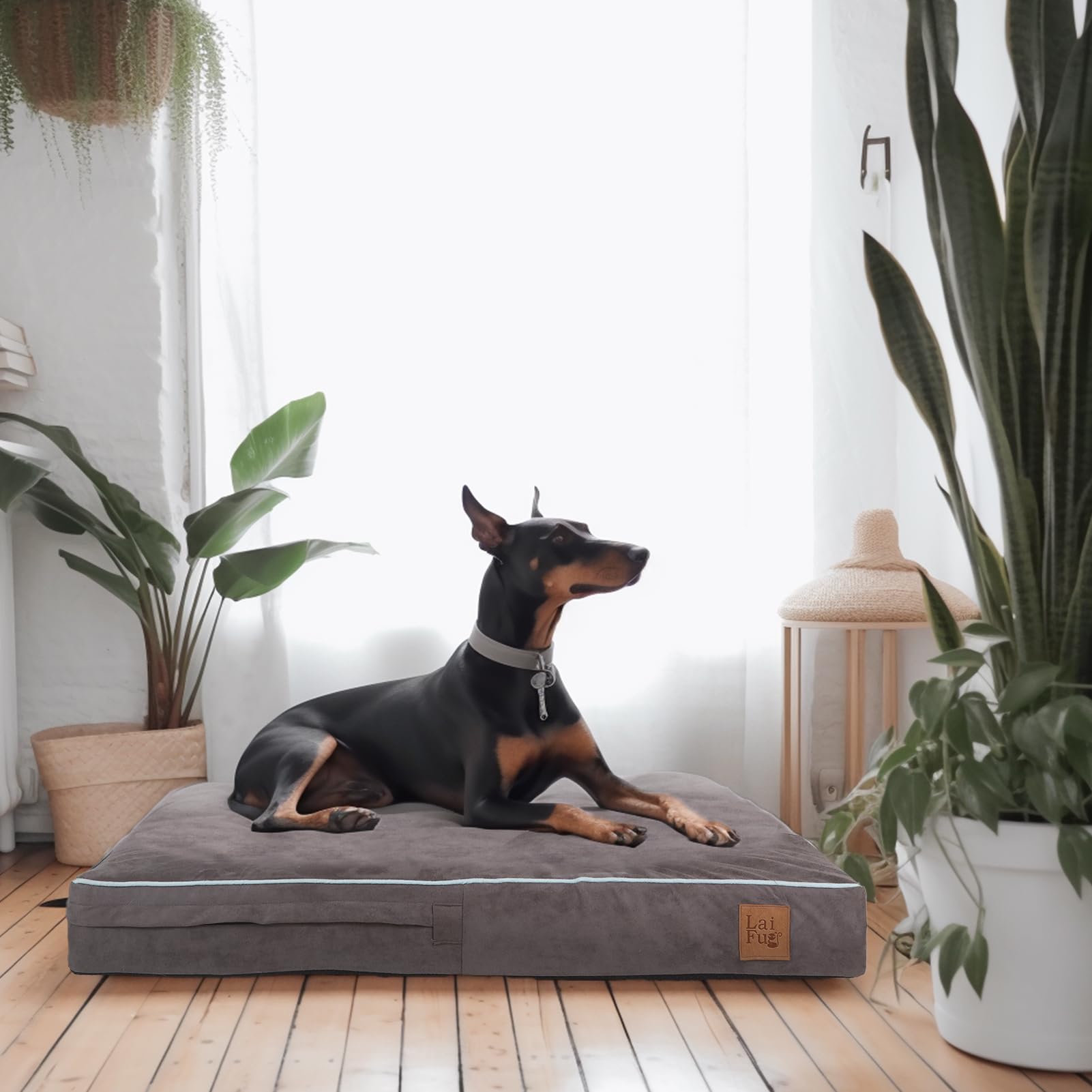 Perro descansando en la cama Laifug con soporte ortopédico.