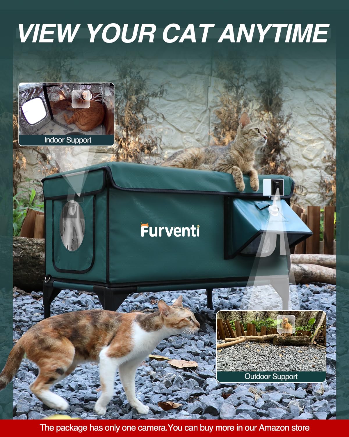 Lamlingo casita con dos soportes para cámara para vigilancia remota del gato.