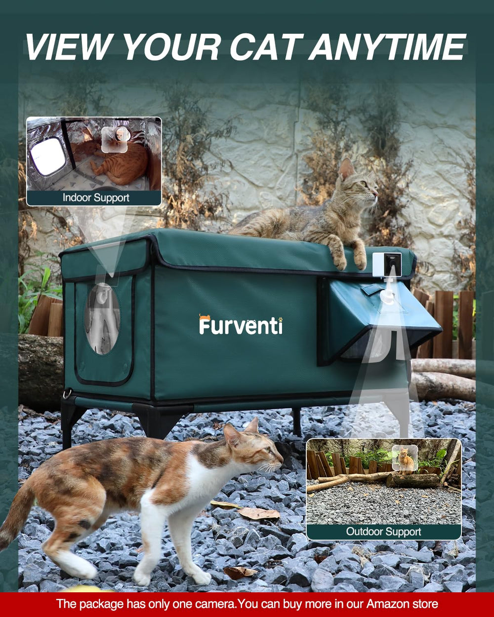 Lamlingo casita con dos soportes para cámara para vigilancia remota del gato.