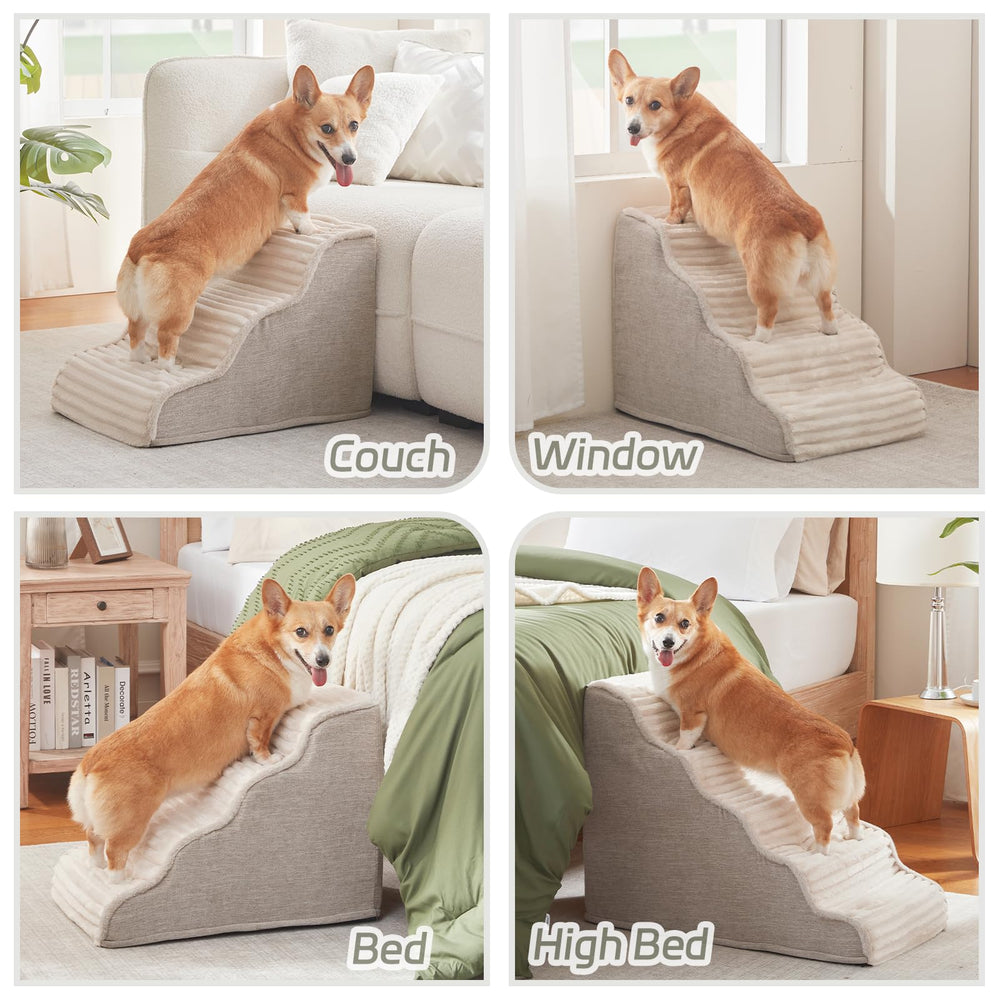 Laojin Balhen 3 pasos para sillón beige, ideal para mascotas pequeñas.